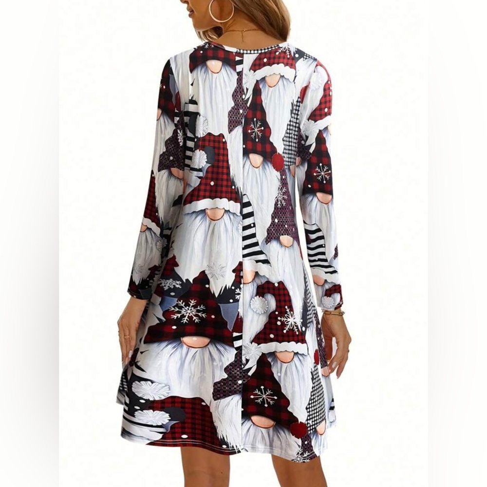 SHEIN Festive Gnome Print Long Sleeve Dress - V Neck Red and White 3X NWOT - Picture 5 of 9
